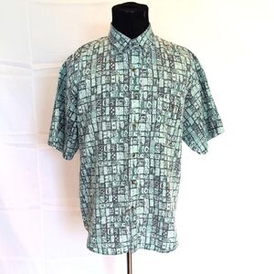 Vintage Bugle Boy ramie & cotton abstract print, short sleeve button up. Large.
